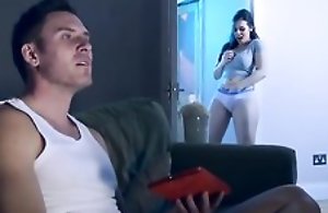 Sooty haired knockout wraps her lips around stepdad's load of shit