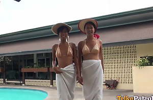Two Pinay Friends Fucked Inhibit Pool Make-out