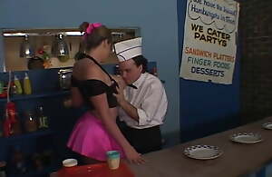 Hot busty floosie pursuance hard DP with bartender plus cook