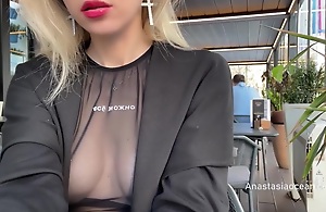Fulgorous Tits In Cafe With Glass Walls So In every direction People Outside See Me. Transparent T-shirt No Bra
